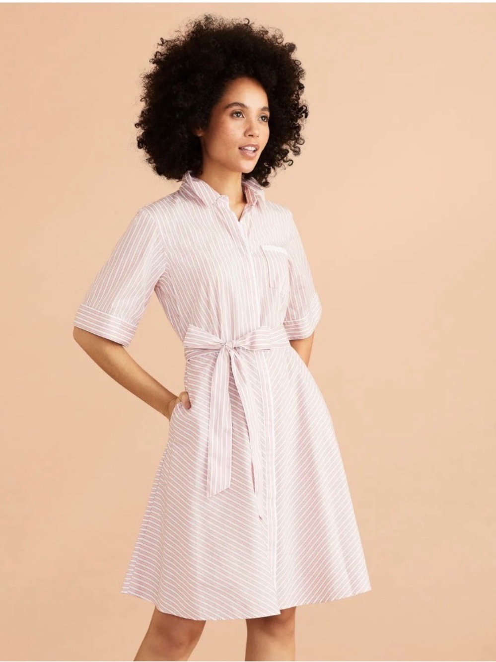 Pink-White Striped Shirt Dress with Tie Waist